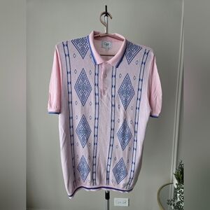 Cigar Couture  Pink and Blue Geometric Pattern Men's Knit Polo Shirt Sz.XL